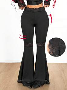 Coolane 女士四季皆宜哥特风 Y2K 演唱会锐舞节外出狂欢文艺复兴集市撞色蕾丝黑色小号喇叭裤 - 黑色 - 查看 1