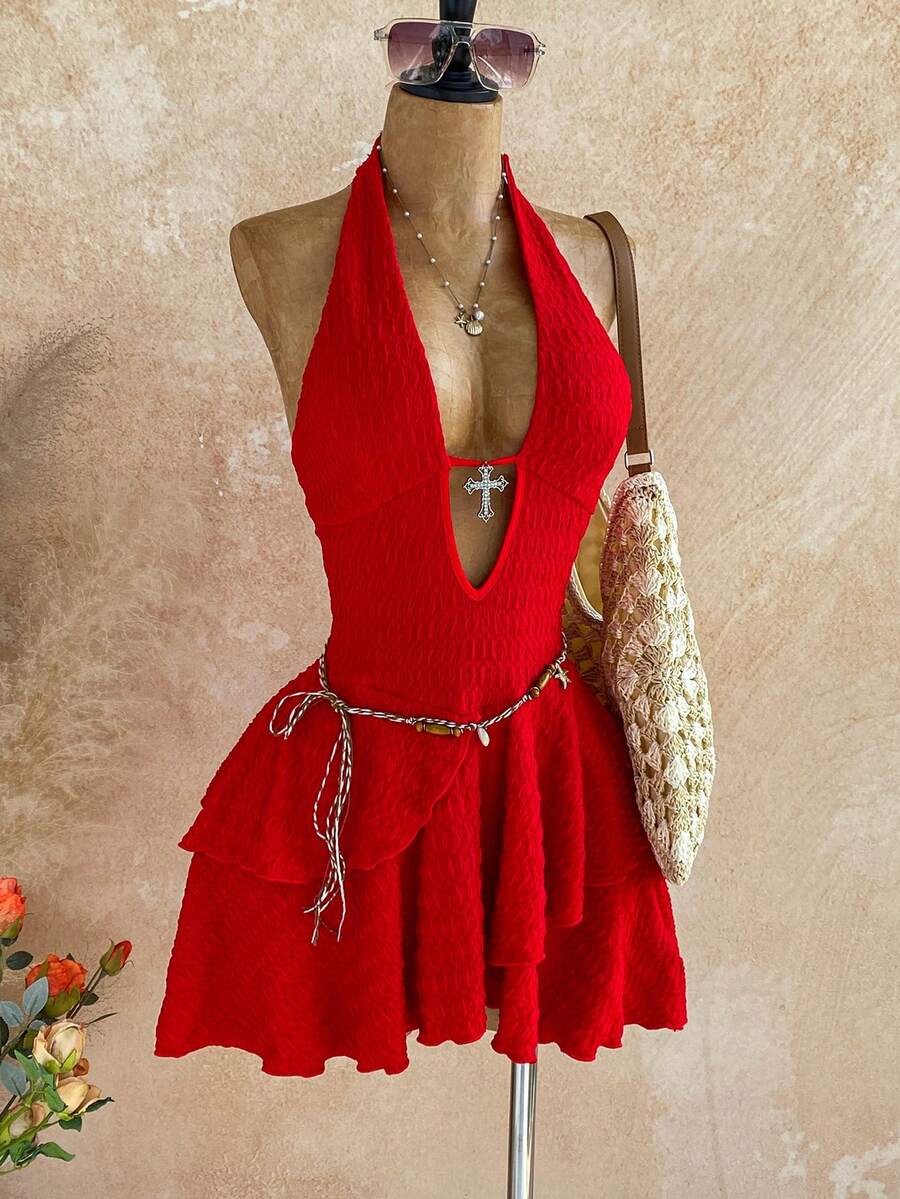 Soleia 性感V领交叉装饰镂空露背吊带纹理面料多层不规则下摆迷你连衣裙，适合派对、圣诞节、约会、夜店、海滩、邮轮、下午茶、波西米亚风、度假、秋季女装、复古风 - 紅色 - 查看 1