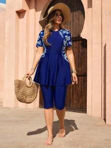 Swim Mulvari Plus Size Tropical Print Patchwork Burkini Set Summer Bikinis Summer 2026 Christmas Clothes New Year Clothes Party Clothes Beach Outfit For Women Casual Clothes - Blue - View 5