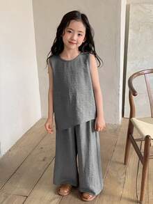 DAZY 2pcs/Set Young Girls Round Neck Twist Knot Sleeveless Shirt And Leggings Set - Grey - View 3