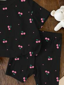两件套黑色和粉色可爱复古迷你爱心樱桃印花少女休闲简约短袖上衣和短裤套装，适合夏季穿着 - 彩色 - 查看 5