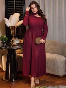 Modelyn Plus Size Women's Burgundy Autumn Elegant Formal Wedding Guest Dress,Asymmetric Collar Knit Textured Long Sleeve A-Line Pleated Modest Maxi Dress - Burgundy - View 5