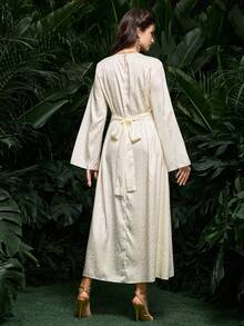 Al Najma Women's Chiffon Leopard Print Long Sleeve Tie Neck Elegant Floral Print Arabic Dress, Spring/Summer - Apricot - View 2