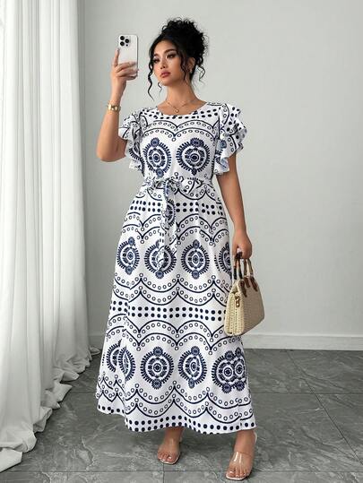 SHEIN Elenzya Plus-Size Women's Resort-Style Printed Ruffled Maxi Dress For Spring And Summer, Featuring A Unique Design With Layered Sleeves And A Pleated Square Crew Neck. Ideal For Spring And Summer Wear.