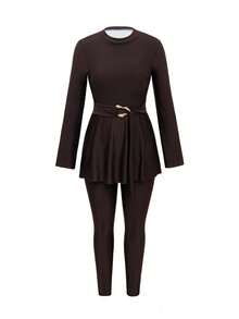 Swim Mulvari Women's Dark Coffee Wide-Sleeve Metal Buckle Belt Modest Swimwear 2pcs Set With Solid Slim-Fit Swim Pants, Summer Vacation Arabic Modest Beach Swimwear - Coffee Brown - View 8