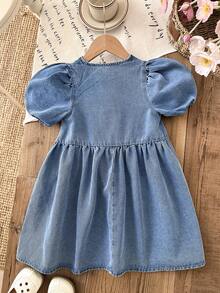 LMoss Kids 女童蓝色牛仔泡泡袖蝴蝶结连衣裙 - 淺色水洗藍 - 查看 4