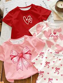 SHEIN 4pcs Young Girl Cute Sweet Heart Series T-Shirts,Short Sleeve Crew Neck Basic Tops For Summer School,White,Pink,Red Valentine's Day Casual Wear - Multicolor - View 5