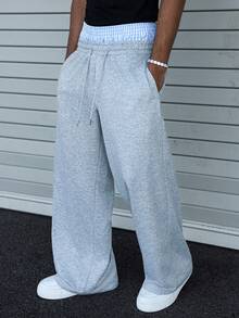 Manfinity EMRG 男士休闲宽松直筒运动裤，双腰设计，简约风格，纯灰色，街头风，适合秋冬季穿着 - 淺灰色 - 查看 4