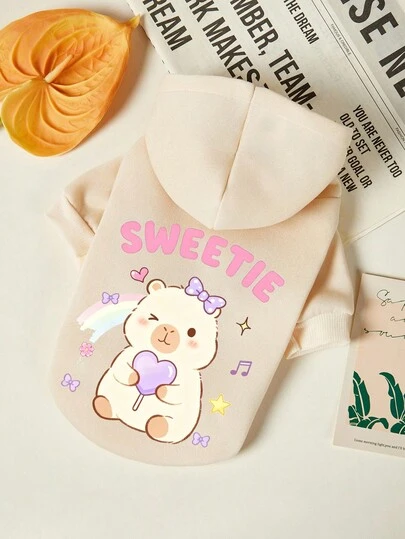 PETSIN 1pc Beige Teddy Bear Bow Love Lollipop Print Pet Hooded Sweatshirt Beige Autumn And Winter Thick Warm Pet Clothing