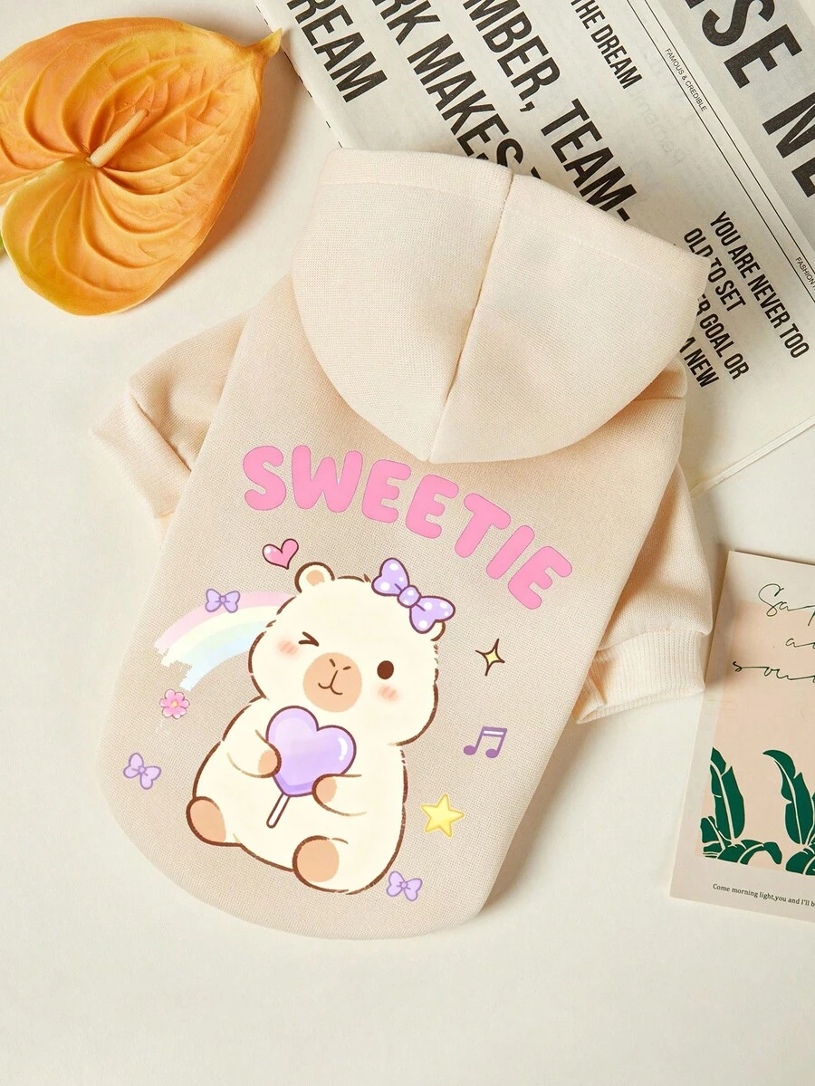 PETSIN 1pc Beige Teddy Bear Bow Love Lollipop Print Pet Hooded Sweatshirt Beige Autumn And Winter Thick Warm Pet Clothing - Beige - View 1