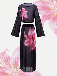 Swim Vcay 2026 Retro Floral Print Loose Long Sleeve Chiffon Cover Up & High Waist Long Skirt Set, Women Summer Beach Vacation Casual Outfit - Black - View 2