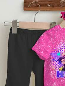 SHEIN 2件套少女休闲时尚彩色韩流女团字母星星印花圆领短袖T恤和喇叭裤，适合度假、派对、日常穿着、演唱会等场合。 - 彩色 - 查看 4