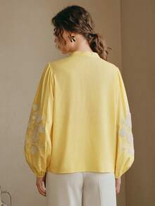 Anewsta Women's Embroidered Blouse, Fresh And Elegant , Delicate Embroidery, V-Neck Lantern Sleeve, Loose And Slimming Long Sleeve Top - Yellow - View 2