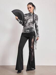 ROMWE Avant Spring/SummergraphicWomen's New Chinese Style Mesh Koi Fish Textured Semi-Sheer Long Sleeve Top - Multicolor - View 2