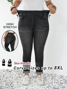 SHEIN CURVE+ 大码女式弹力腰带口袋修身休闲百搭牛仔裤，春夏情人节嘉年华服装通勤度假毕业时尚Y2K可爱街头风派对婚礼优雅商务休闲女式大码修身牛仔裤弹力腰带深色水洗牛仔裤，日常穿着舒适 - 黑色 - 查看 9