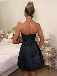 Glamine 时尚女士无肩带性感提花泡泡裙系带连衣裙 - 黑色 - 查看 2