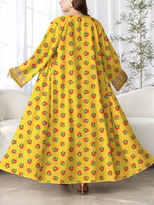 SHEIN Najma 大码女式花卉植物仿刺绣印花黄色休闲长袖阿巴雅开衫外套，春秋季 - 彩色 - 查看 2