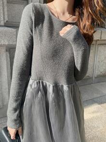 FRIFUL 女士拼接镂空露背系带下摆欧根纱亮面面料连衣裙