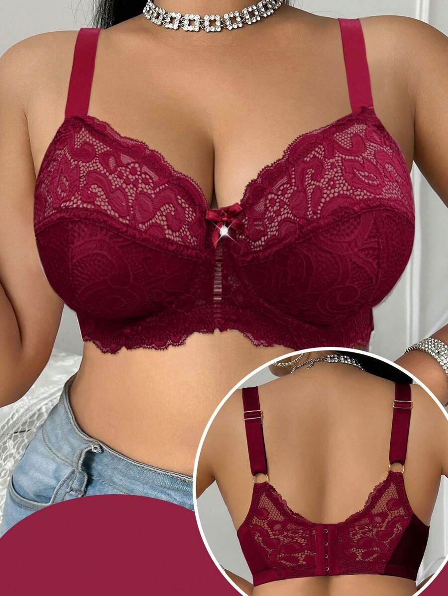 DesireSculpt 1pc Plus Size Lace Underwire Bra - Burgundy - View 1