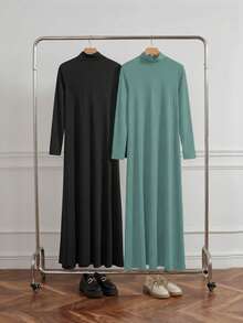 Al Najma Women's Conservative Turtleneck Knit Long Sleeve Undershirt & Abaya Dress Set,Modest Casual Arabian Essential Basic Under Abaya Inner Long Dress - Blue - View 10