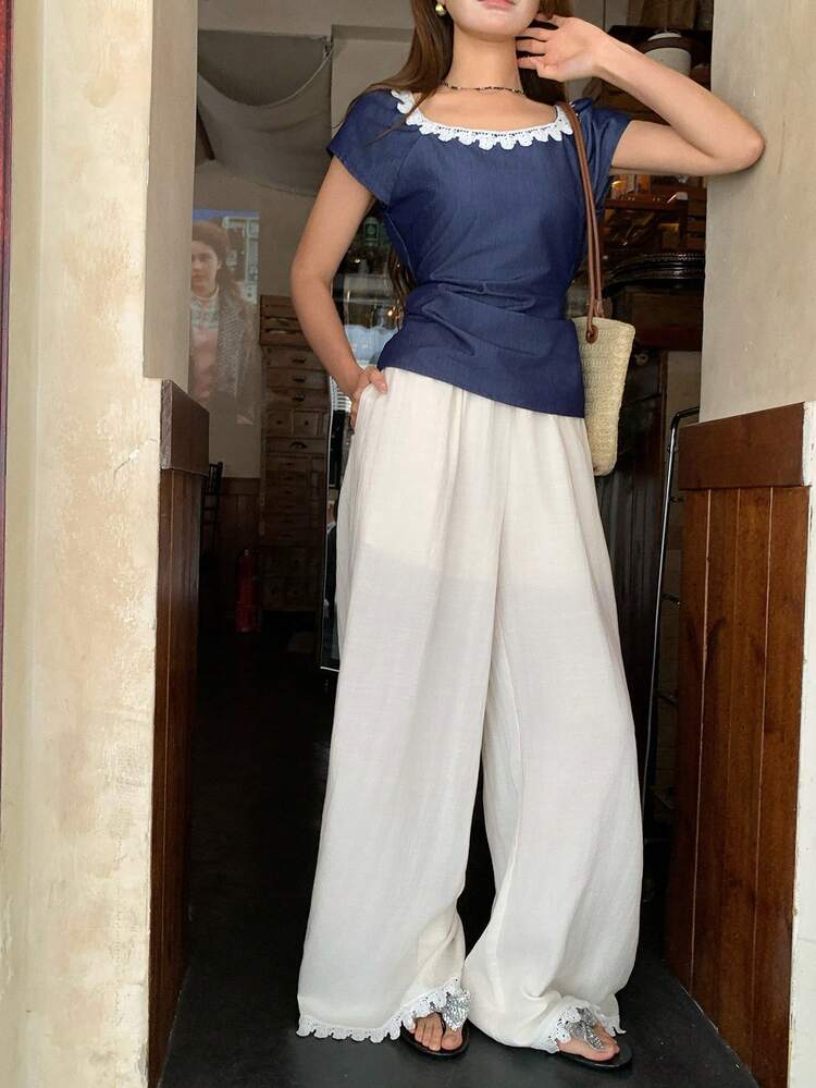 Women's Casual Lace Trim Shirt And Pants 2 Pieces Set, Summer