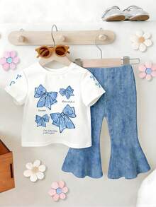 Set de 2 piezas con parte superior de manga corta con estampado de lazo y pantalones acampanados para niñas bebés, ligero y de moda, adecuado para primavera, verano y otoño, de 6 meses a 2-3 años - Multicolor - Ver 3