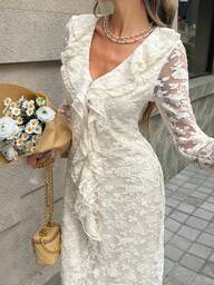 Livesso Vestido midi con volantes de encaje en la cintura para mujer