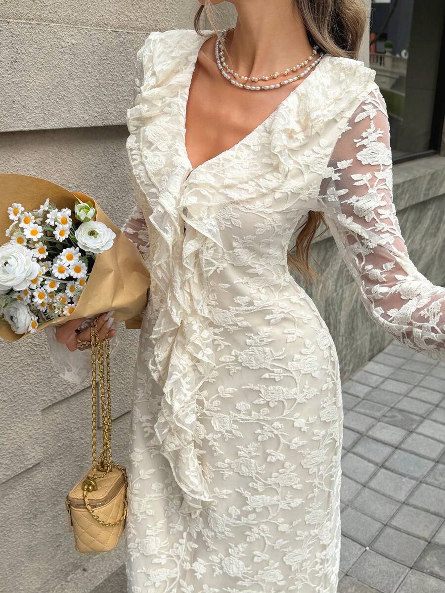 Livesso Lace Ruffle Waist Midi Dress For Women