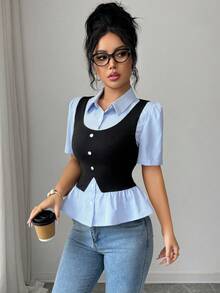 Elenzga Women's Collared Blue & White Striped Puff Sleeve Fitted Splice Blouse, Fashionable Daily Wear, Commute, Elegant New Style Black Shirt - Multicolor - View 6