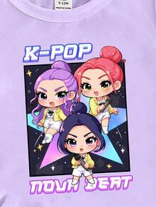 2件套女婴休闲时尚创意个性清新简约可爱虚拟少女组合卡通人物彩色星星图案字母印花短袖T恤和打底裤套装，舒适日常穿着，适合春、夏、秋季 - 彩色 - 查看 5