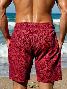 Manfinity Swimmode Men's Allover Print Drawstring Waist Pocket Casual Beach Shorts Mens Beachwear Mens Patterned Swim Shorts Mens Red Swim Shorts Mens Red Graphic Swim Trunks Mens Red Boardshorts Mens Swim Trunks Mens Graphic Swim Shorts Red Patterned Swim Shorts - Burgundy - View 2