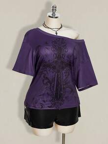 SHEIN ICON 大码女式 Y2K 复古朋克十字印花宽松休闲不对称肩部 T 恤 - 紫色 - 查看 4