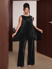 Maweii Plus Size Women 2 Pieces Set Asymmetrical Vest & Casual Pants Suit, Suitable For Vacation, Outdoor, And Commute, Summer - Black - View 4