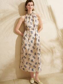 Airaco Đầm linen cổ yếm in họa tiết cây cỏ dành cho nữ - Màu be - Xem 4