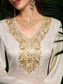 Al Najma Women's Chiffon Leopard Print Long Sleeve Tie Neck Elegant Floral Print Arabic Dress, Spring/Summer - Apricot - View 7