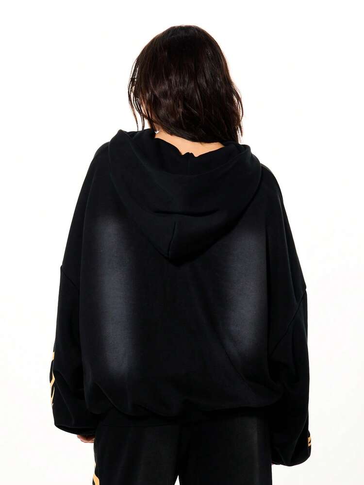 SUMWON WOMEN Zip Front Hoodie With Rhinestone And Flame Graphics