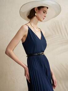 Airaco Women's Casual Pleated Solid Color Slip Dress - Navy Blue - View 4