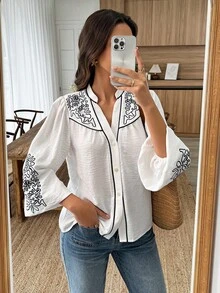 Louniche White & Blue Embroidered Long-Sleeve Shirt,Elegant Women's Blouses,Boho,Vacation,Holiday,White And Black,Autumn,Button Up Bohemian Style Casual Tops - White - View 6