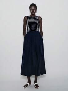 Lumivelle Women's French Nautical Navy Striped Patchwork Sleeveless High Waist Elastic Waist Flowy Dress - Navy Blue - View 1