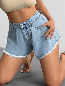 EURMUSE Summer Casual Washed Frayed Hem Denim Shorts - Light Wash - View 5