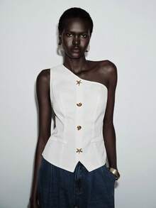 Lumivelle Women's Casual Metal Buckle Shoulder Top, Summer One Shoulder Tops Assymeyrical Top - White - View 4