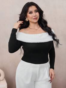 Modelyn Elegante camiseta de punto con hombros descubiertos, de colores contrastantes y textura suave y esponjosa para fiestas, otoño/invierno - Blanco y Negro - Ver 5