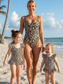 SHEIN Baby Girls Playful Leopard Print Swimsuit: Ruffle Trim Design Unlocks Fashionable Swimming For Babies In Summer - Multicolor - View 8