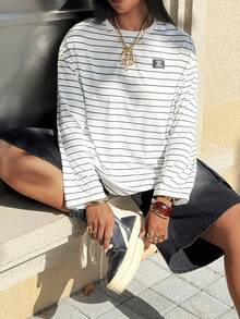 Muchica Plus Striped Print Drop Shoulder Tee - White - View 1