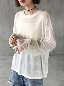 FRIFUL 女士宽松圆领超大款落肩网纱拼接透视薄款T恤 - 米色 - 查看 6