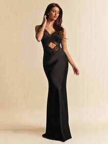 SHEIN BAE 黑色缎面撞色蕾丝无袖连衣裙，优雅修身长裙，适合正式场合、婚礼、伴娘、生日派对等。 - 黑色 - 查看 6