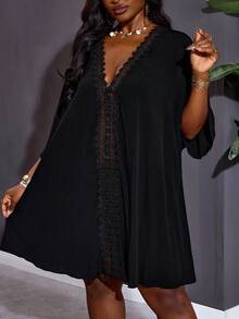 SHEIN CURVE+ Curve 尺码 US22 音乐节、海滨度假、波西米亚风女士度假纯色撞色蕾丝蝙蝠袖连衣裙 - 黑色 - 查看 7