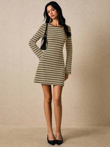 Poéselle Women's Casual Everyday Commute Full Print Flare Sleeve Waist Cinched Dress, Spring/Autumn - Brown - View 4