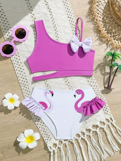 Young Girl Solid Color Bow Decor Asymmetric Neck Camisole And Flamingo Print Ruffle Hem Shorts Bikini Set Set Flamingo Bathing Suit Girl Swimsuit Set Girls Beach Sets 2 Pieces Ruffled Collar Knit Swimwear Set Bikini Top Swim Shorts Young Girl 2 Pieces Ruffled Collar Knit Swimwear Set Girl 2 Pieces Swimwear Set Young Girl 2 Pieces Ruffled Collar Knit Swimwear Set Bikini Top Swim Shorts Unicorn Bathing Suit Girls
