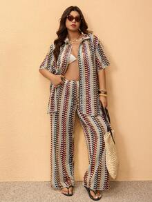Elaquor Áo kimono tay ngắn kẻ sọc cỡ lớn dành cho nữ, thích hợp cho kỳ nghỉ biển mùa xuân. - Nhiều màu - Xem 3